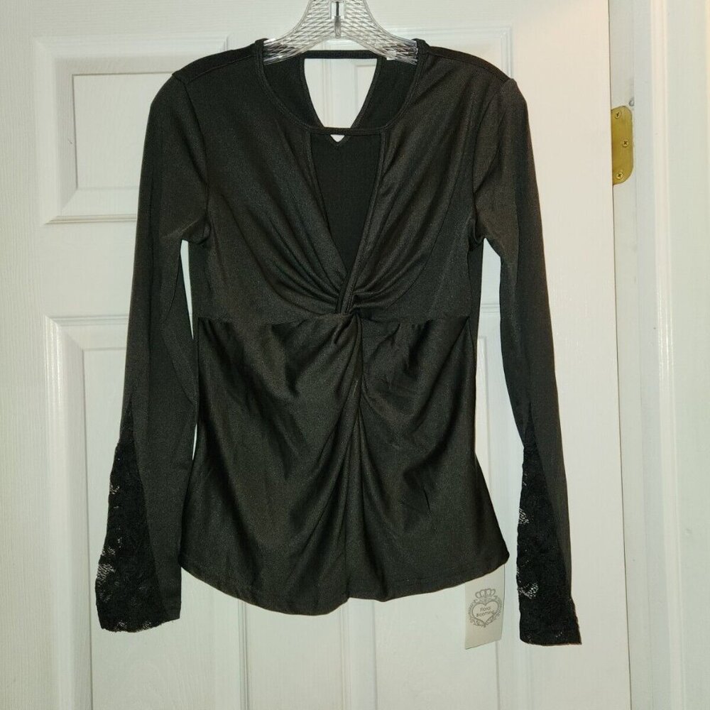 NWT Floral Blooming Black Lace Sleeved Ruched Top Shirt Low Cut Small